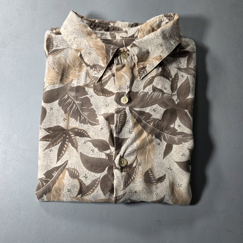 Men's Alfani Tan & Cream Tropical Leaf Print Short Sleeve Button up Silk XL